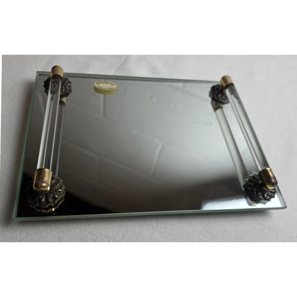 Vintage HolmSpray Mirrored Vanity Tray Lucite Brass Handles